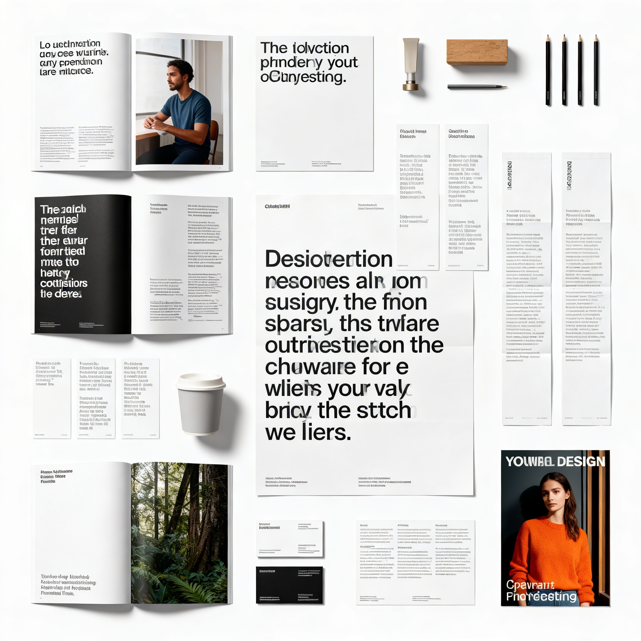 A comprehensive display of high-end printed products including brochures, flyers, leaflets, and custom paper cups, showcasing premium offset and digital printing quality.