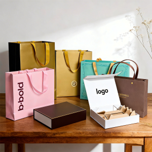 Custom printed shopping bags and gift boxes in various materials and colors, showcasing professional packaging printing services.