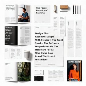 A comprehensive display of high-end printed products including brochures, flyers, leaflets, and custom paper cups, showcasing premium offset and digital printing quality.