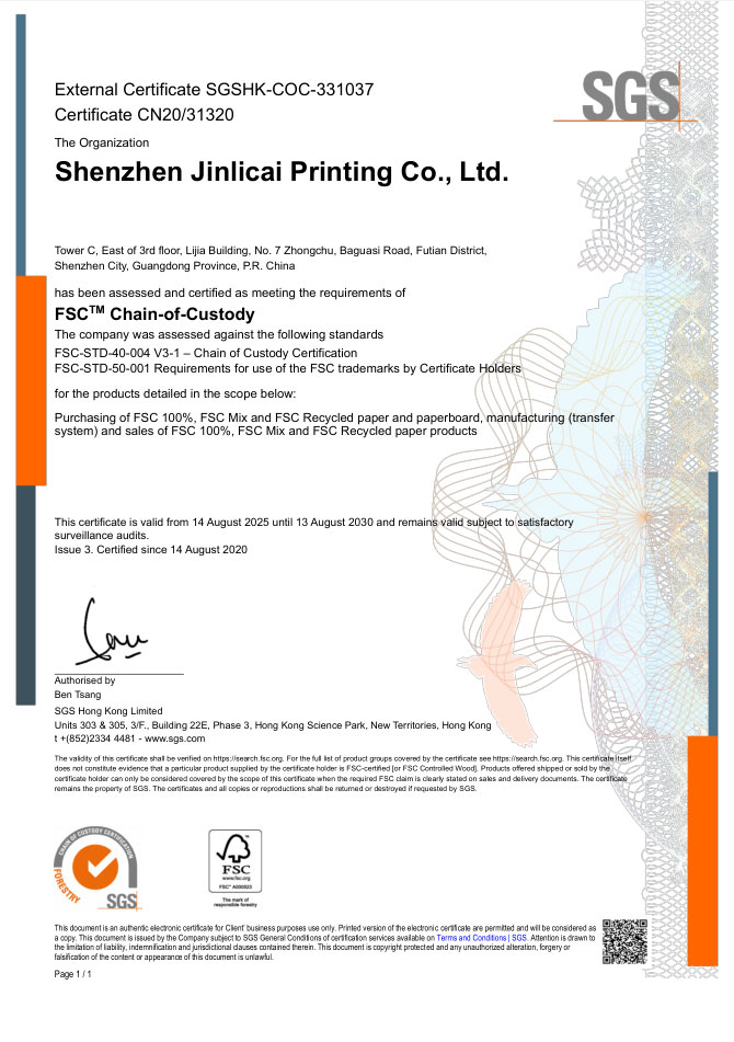 Official FSC Chain of Custody certificate for Jinlicai Printing in Shenzhen, China, validating our commitment to sustainable and eco-friendly printing solutions.