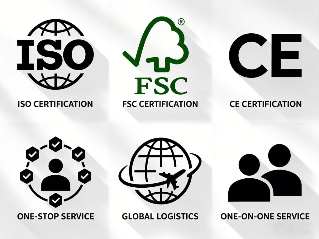 Collection of industry certification badges and service icons demonstrating our professional printing capabilities, quality control, and eco-friendly standards.