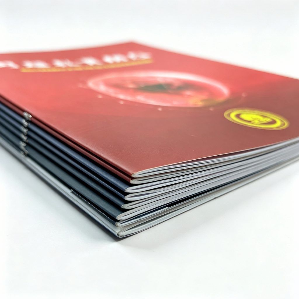 Close-up of saddle stitch binding showing metal staples on the folded spine of a custom printed booklet.