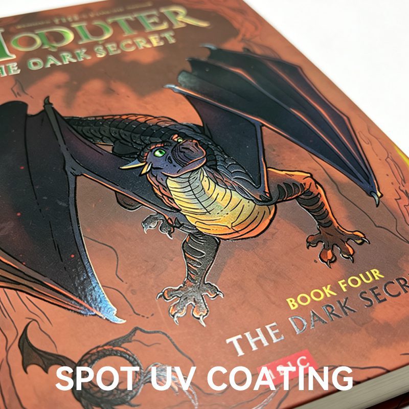 Book cover featuring an illustration with glossy spot UV coating applied to highlight specific details against a matte background.