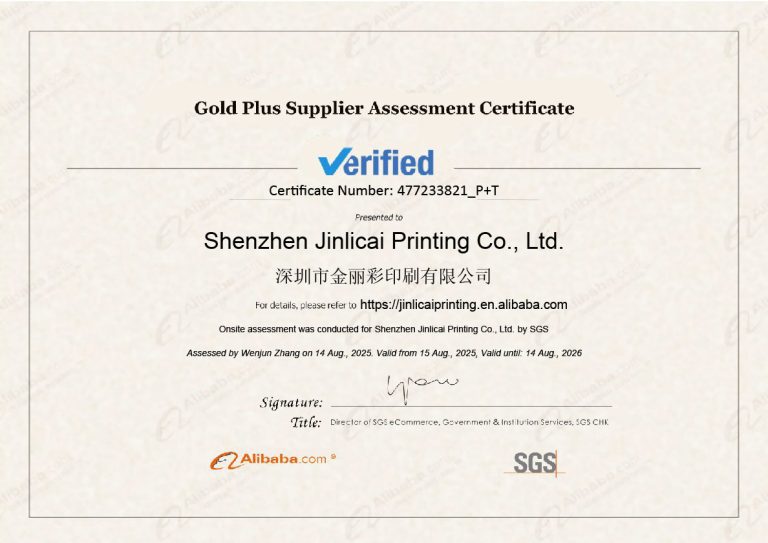 SGS Verified Gold Plus Supplier Assessment Certificate for Shenzhen Jinlicai Printing Co., Ltd.