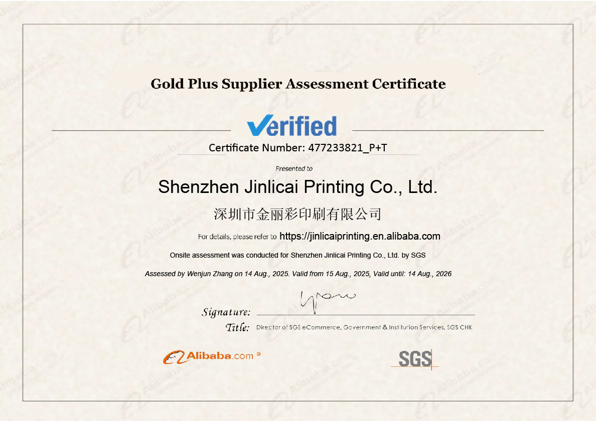 SGS Verified Gold Plus Supplier Assessment Certificate for Shenzhen Jinlicai Printing Co., Ltd.